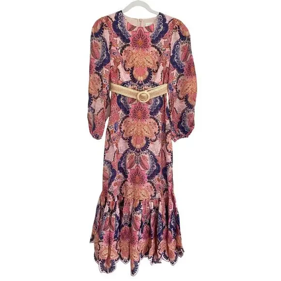 Zimmermann Laurel Billow Belted Puff Sleeve Midi Linen Dress Pink Purple - Picture 7 of 16